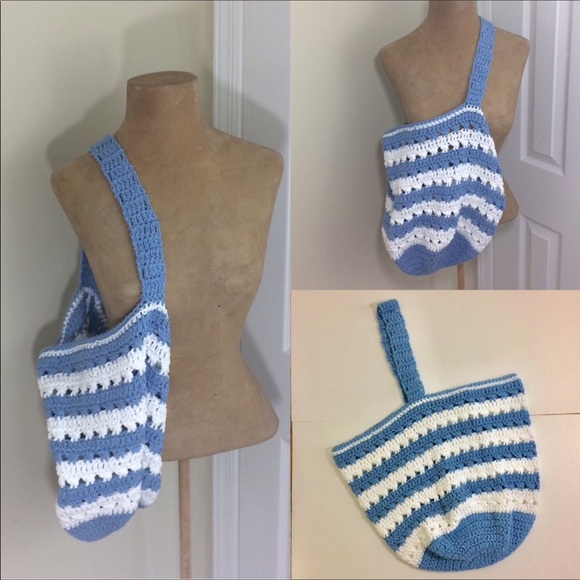 PK.Kre8tions Handbags - Handmade crochet tote in blue and white stripes